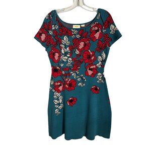 Maeve By Anthropologie Floral Fit & Flare Sweater Dress‎ Medium Teal Red Cute